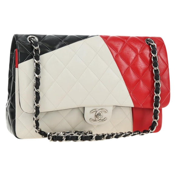 CHANEL Chain Big Matelasse 30 Bag Lamb Skin White Black Silver CC Auth 190244SAM