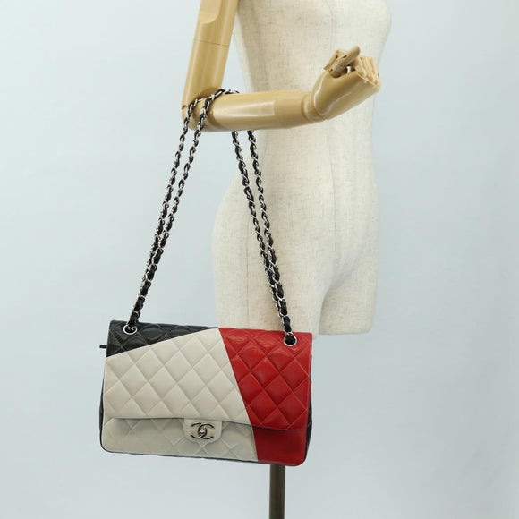 CHANEL Chain Big Matelasse 30 Bag Lamb Skin White Black Silver CC Auth 190244SAM