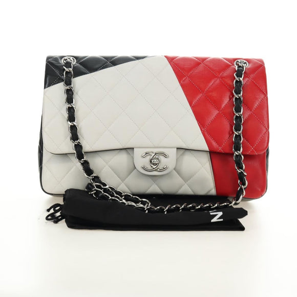 CHANEL Chain Big Matelasse 30 Bag Lamb Skin White Black Silver CC Auth 190244SAM