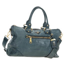 PRADA Hand Bag Leather 2way Blue Gold Auth 190247V-1