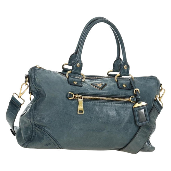 PRADA Hand Bag Leather 2way Blue Gold Auth 190247V
