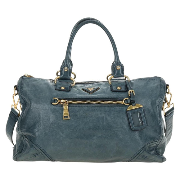 PRADA Hand Bag Leather 2way Blue Gold Auth 190247V