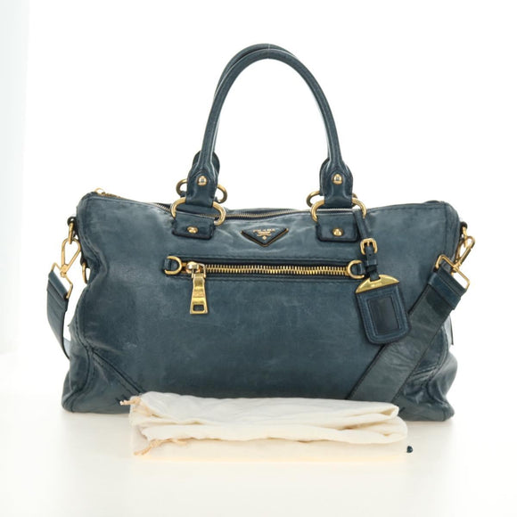 PRADA Hand Bag Leather 2way Blue Gold Auth 190247V