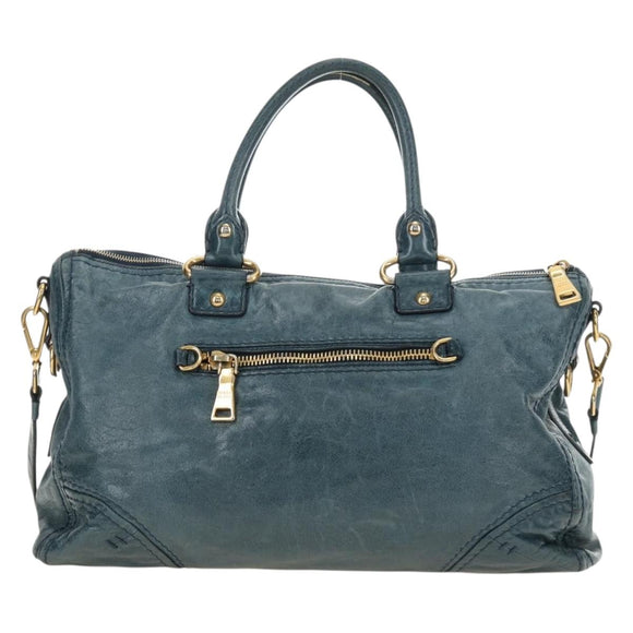 PRADA Hand Bag Leather 2way Blue Gold Auth 190247V