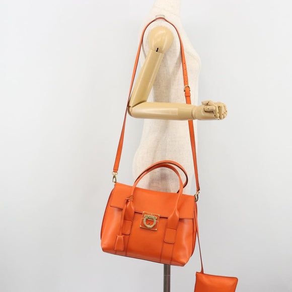 Salvatore Ferragamo Gancini Hand Bag Leather 2way Orange Gold Auth 190253