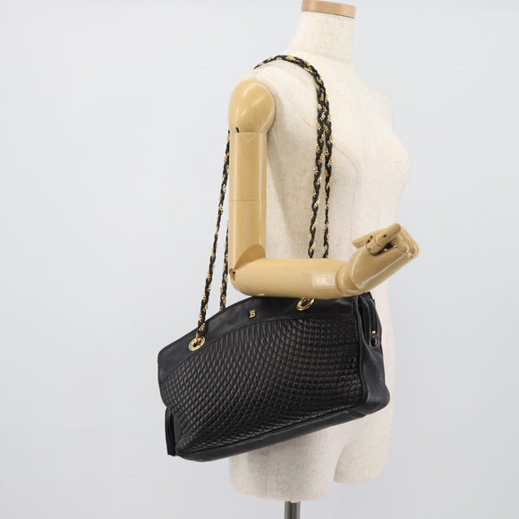 BALLY Chain Shoulder Bag Leather Black Gold Auth 190259