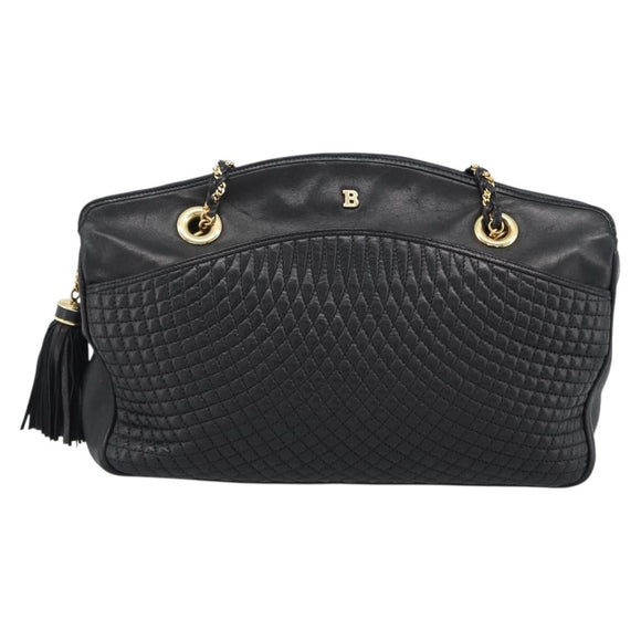 BALLY Chain Shoulder Bag Leather Black Gold Auth 190259