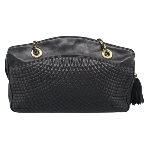 BALLY Chain Shoulder Bag Leather Black Gold Auth 190259