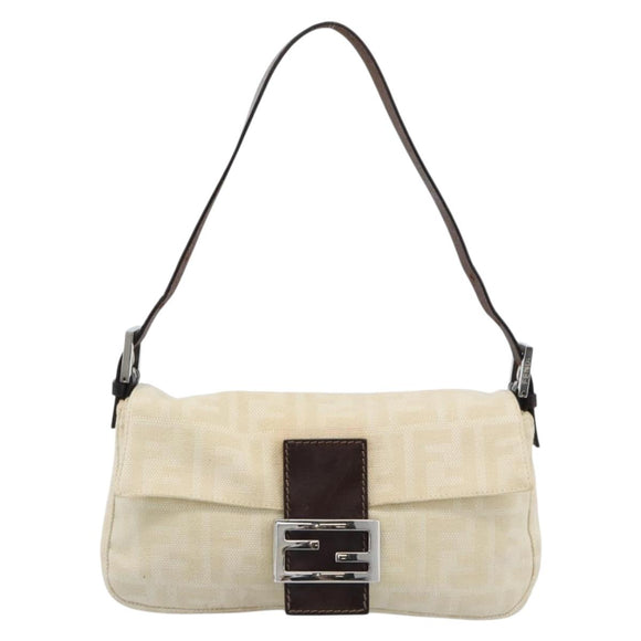 FENDI Zucca Canvas Mamma Baguette Shoulder Bag Beige Silver Auth 190260SAM