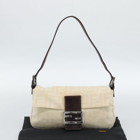 FENDI Zucca Canvas Mamma Baguette Shoulder Bag Beige Silver Auth 190260SAM