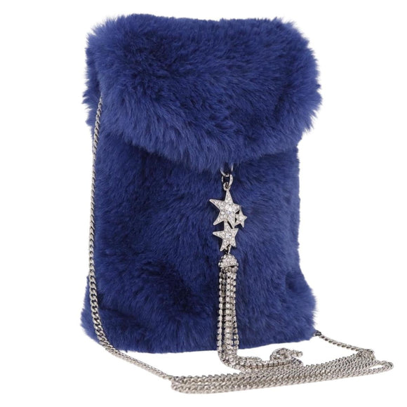Jimmy Choo Chain Shoulder Phone Holder Acrylic Fur Blue Silver Auth 190265A