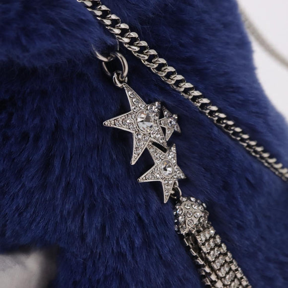 Jimmy Choo Chain Shoulder Phone Holder Acrylic Fur Blue Silver Auth 190265A