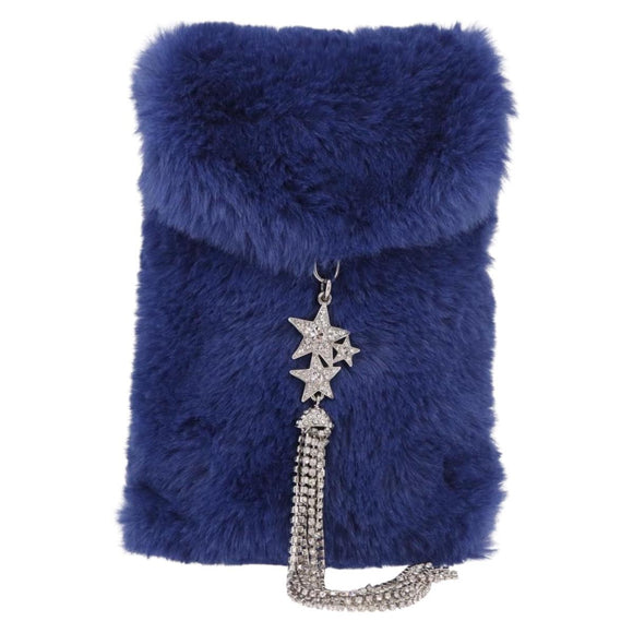 Jimmy Choo Chain Shoulder Phone Holder Acrylic Fur Blue Silver Auth 190265A