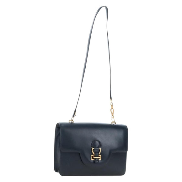 HERMES Sandrine Shoulder Bag Leather Navy Gold Auth 190310M