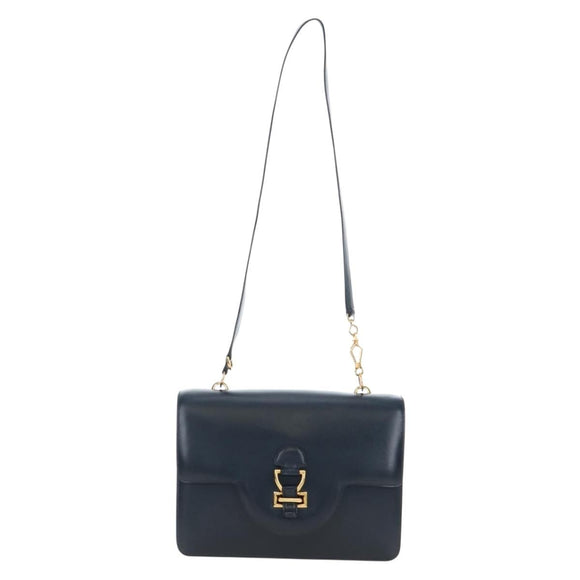 HERMES Sandrine Shoulder Bag Leather Navy Gold Auth 190310M