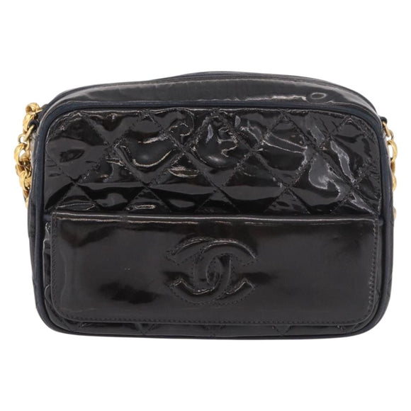 CHANEL Matelasse Chain Shoulder Bag Patent Leather Black Gold CC Auth 190323