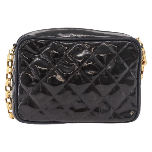 CHANEL Matelasse Chain Shoulder Bag Patent Leather Black Gold CC Auth 190323