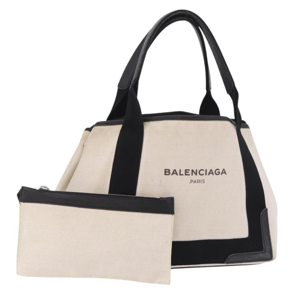 BALENCIAGA Navy Cabas M Tote Bag Canvas Leather Ivory Silver 339933 Auth 190340