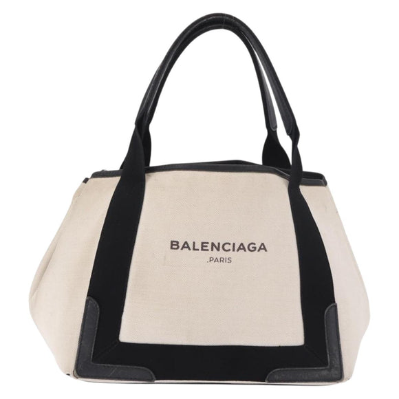 BALENCIAGA Navy Cabas M Tote Bag Canvas Leather Ivory Silver 339933 Auth 190340