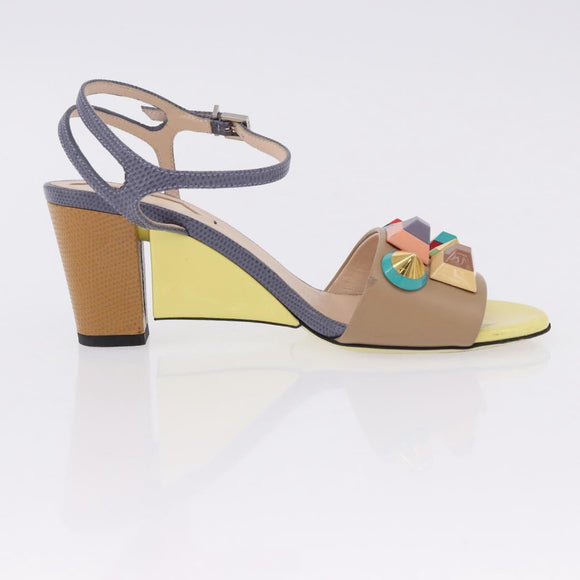 FENDI Ankle Strap Sandals Leather Multicolor Gold Auth 190357M
