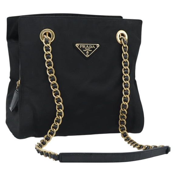 PRADA Chain Shoulder Bag Nylon Black Gold Auth 190360A