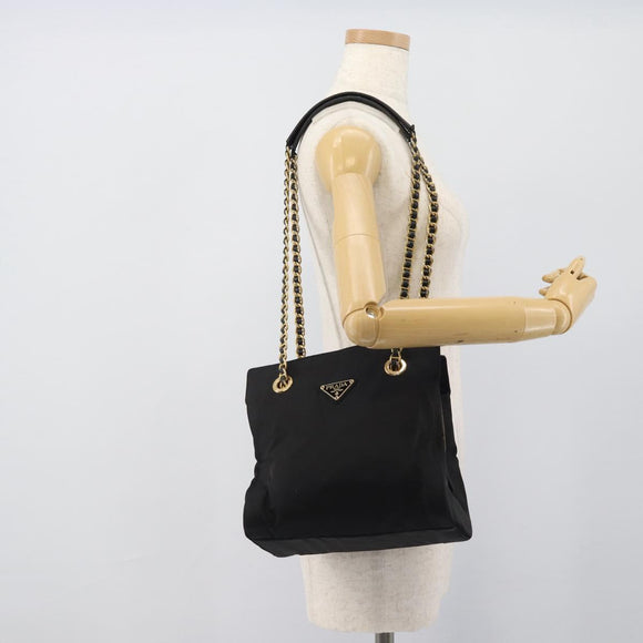 PRADA Chain Shoulder Bag Nylon Black Gold Auth 190360A