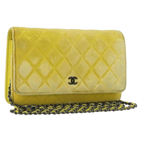 CHANEL Matelasse Chain Shoulder Bag Velor Yellow Silver CC Auth 190362A