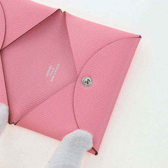 HERMES Calvi Card Case Leather Pink Auth 190365M
