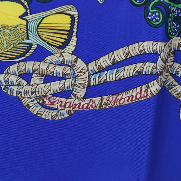 HERMES Carre 90 Scarf ”Grands Fonds” Silk Blue Auth 190368M