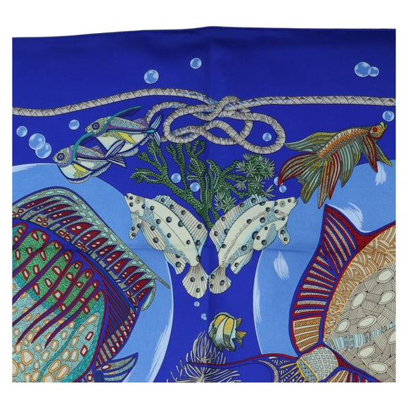 HERMES Carre 90 Scarf ”Grands Fonds” Silk Blue Auth 190368M