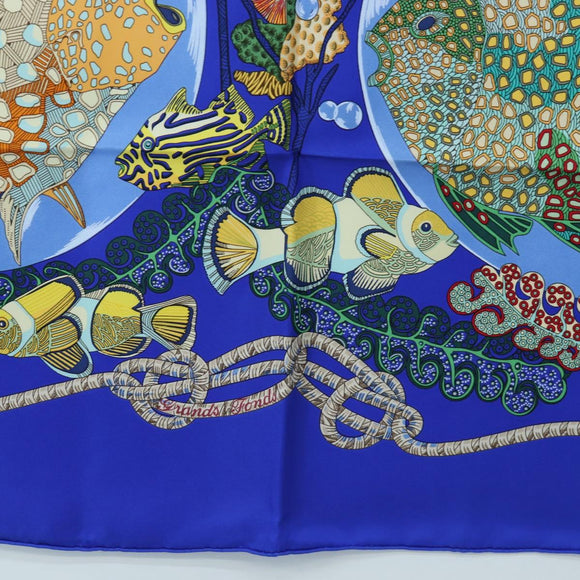 HERMES Carre 90 Scarf ”Grands Fonds” Silk Blue Auth 190368M