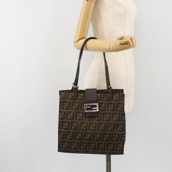 FENDI Zucca Canvas Mamma Baguette Tote Bag Brown Black Auth 190385