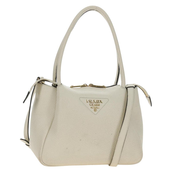 PRADA Hand Bag Vittero Dino Leather 2way White Gold Auth 190387V
