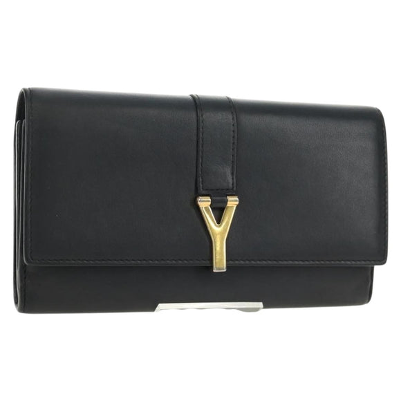 SAINT LAURENT Y Line Long Wallet Leather Black Gold 314995 Auth 190428A