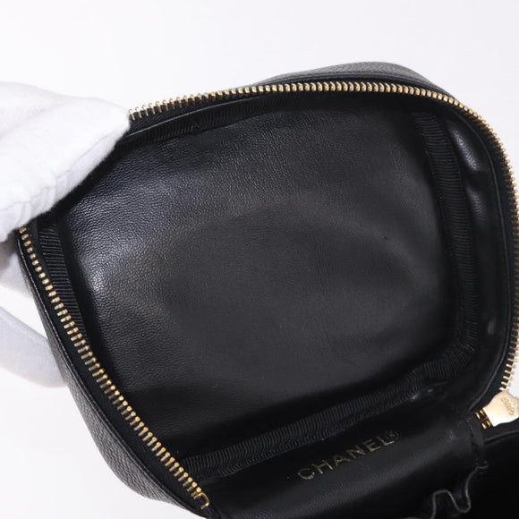 CHANEL Vanity Hand Bag Caviar Skin Black Gold CC Auth 190449V
