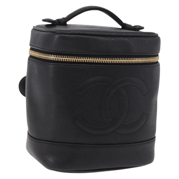 CHANEL Vanity Hand Bag Caviar Skin Black Gold CC Auth 190449V