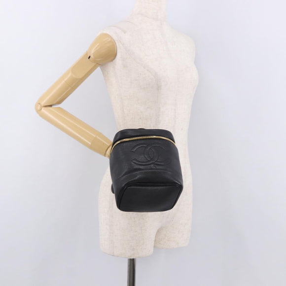 CHANEL Vanity Hand Bag Caviar Skin Black Gold CC Auth 190449V