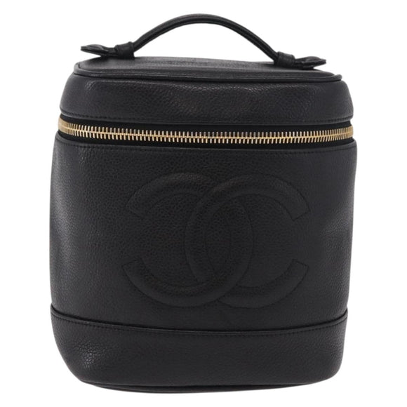 CHANEL Vanity Hand Bag Caviar Skin Black Gold CC Auth 190449V