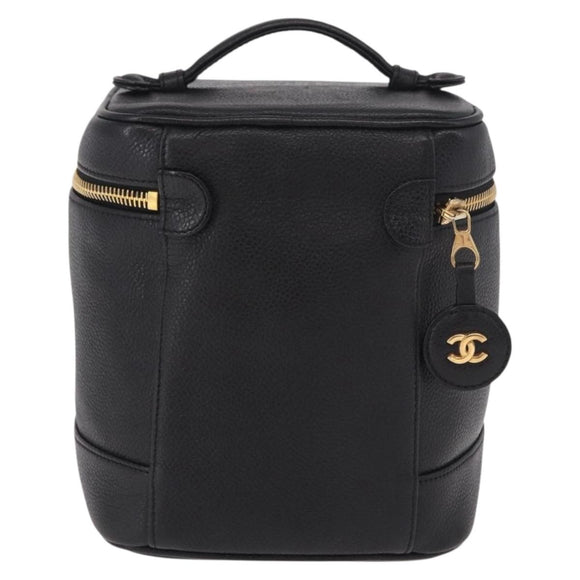 CHANEL Vanity Hand Bag Caviar Skin Black Gold CC Auth 190449V