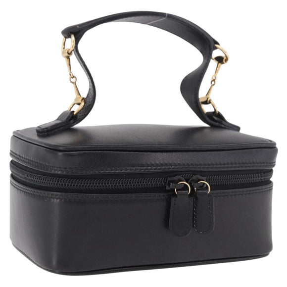 GUCCI Horsebit Vanity Hand Bag Leather Black Gold Auth 190461A