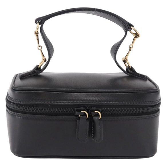 GUCCI Horsebit Vanity Hand Bag Leather Black Gold Auth 190461A