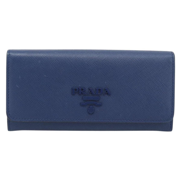 PRADA Long Wallet Safiano Leather Blue Gold Auth 190465A