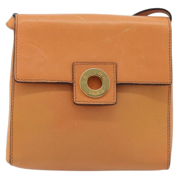 CELINE Circle Shoulder Bag Leather Orange Gold Auth 190471A