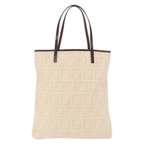 FENDI Zucca Canvas Tote Bag Beige Silver Auth 190476A