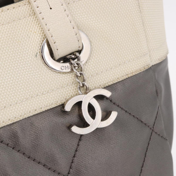 CHANEL Paris Biarritz PM Hand Bag PVC Canvas Gray Silver CC Auth 190477A