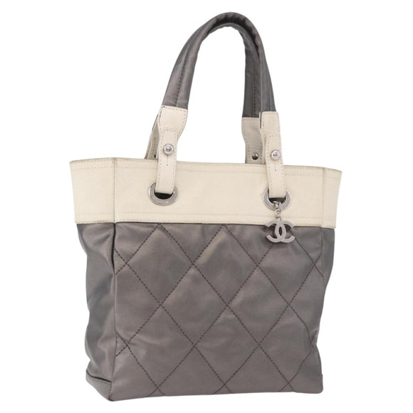 CHANEL Paris Biarritz PM Hand Bag PVC Canvas Gray Silver CC Auth 190477A