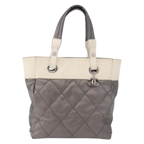CHANEL Paris Biarritz PM Hand Bag PVC Canvas Gray Silver CC Auth 190477A