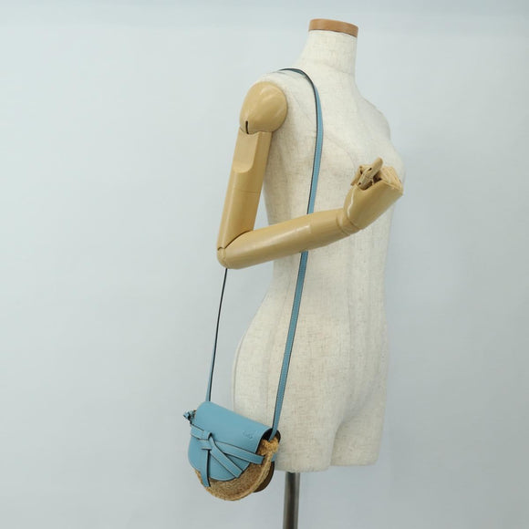 LOEWE Gate Bag Shoulder Bag Raffia Light Blue Gold Auth 190481M