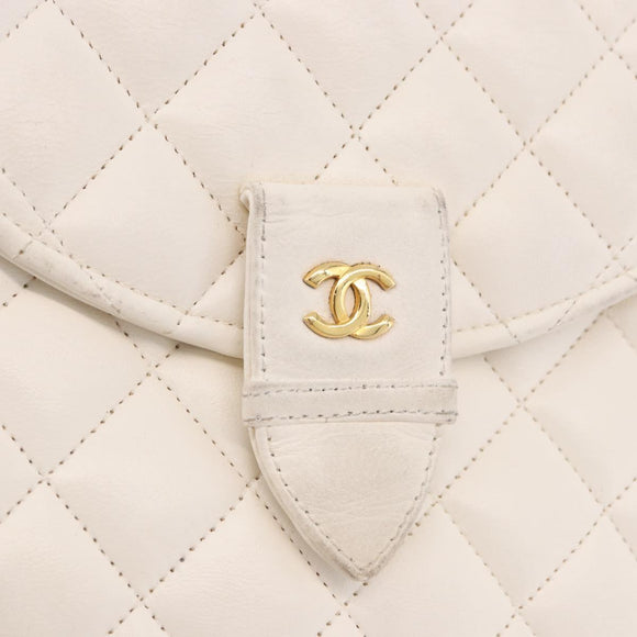 CHANEL Matelasse Chain Shoulder Bag Lamb Skin White Gold CC Auth 190491