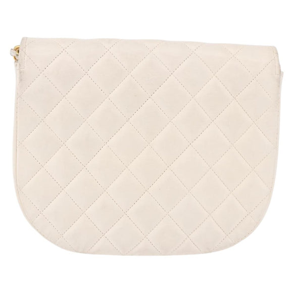 CHANEL Matelasse Chain Shoulder Bag Lamb Skin White Gold CC Auth 190491